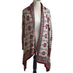 Divided Womens S Open Front Cardigan Sweater Red Beige Aztec Geometric Print